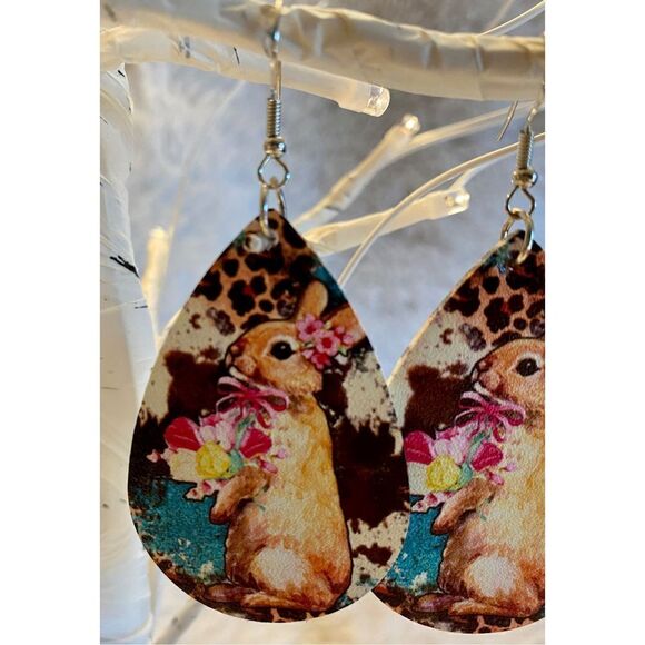 NEW Shabby Chic Farmhouse Pink Flower Leopard Turquoise Bunny Earrings - Picture 2 of 4